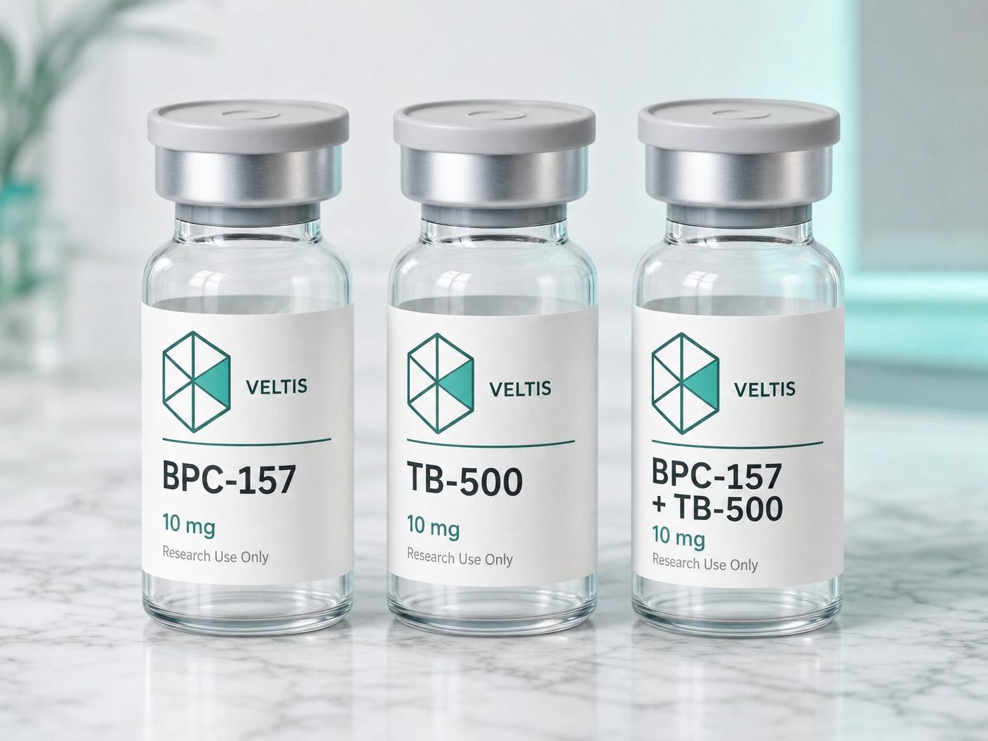 Viales VELTIS BPC-157 y TB-500 sobre mármol