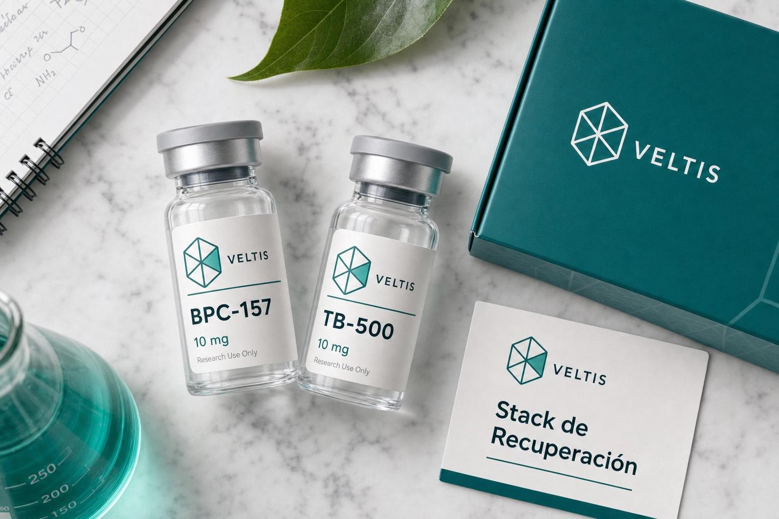 VELTIS BPC-157 y TB-500 stack de recuperación sobre mármol